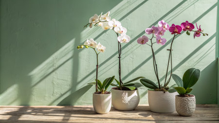 Orchid Flowers Blooming in Decorative Pots on Sunlit Tableの素材