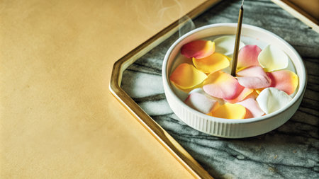 Aromatic Bowl of Flower Petals and Incense Sticks in Spa Settingの素材
