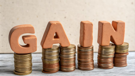 GAIN Spelled with Wooden Blocks Stacked on Coins Symbolizing Growthの素材