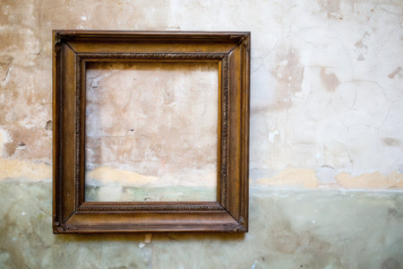 Rustic Wooden Picture Frame on Vintage Plaster Wallの素材