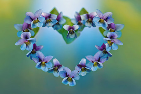 Purple Flowers Arranged in a Heart Shape on Light Blue Backgroundの素材