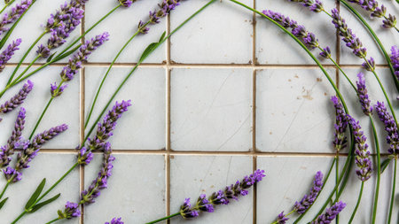 Lavender Flowers on White Tiles for a Spa-Inspired Lookの素材