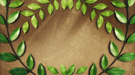 Green Leaf Border on Textured Natural Paperの素材