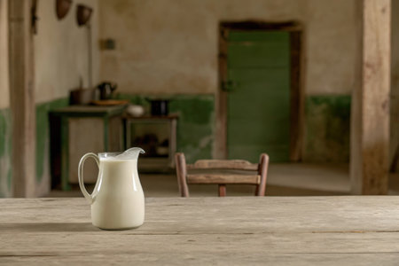 Cozy Rustic Kitchen Interior with Wooden Table and Ceramic Vaseの素材