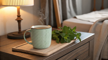 Morning Tea in a Ceramic Mug with Mint Leaves on a Bedside Tableの素材
