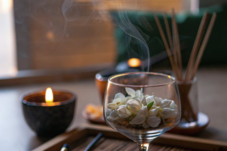 Aromatherapy Candle and Floral Bowl in a Warm Cozy Settingの素材