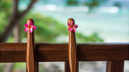 Wooden Fence With Pink Flowers Overlooking a Beachの素材