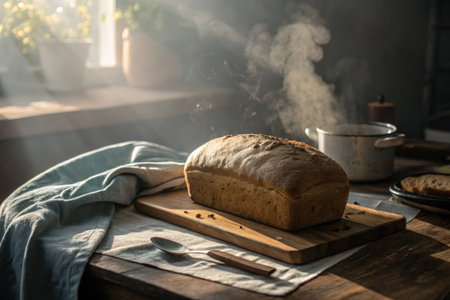 Freshly Baked Bread Displayed on a Rustic Kitchen Tableの素材