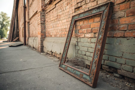 Abandoned Wooden Window Frame by a Brick Wallの素材