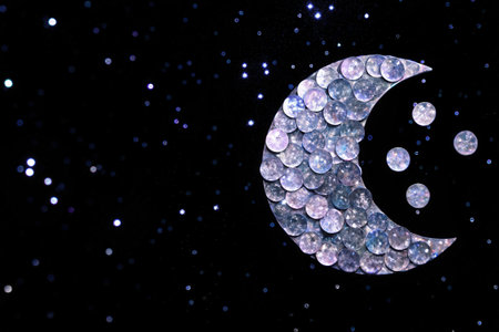 Glittering Crescent Moon and Stars on Blackの素材
