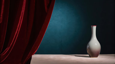 Elegant White Vase on a Wooden Table Against a Dramatic Red Curtain and Blue Wall Backgroundの素材