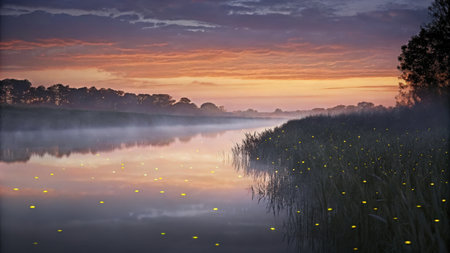Peaceful Lake at Sunset with Fireflies and Golden Reflections on the Waterの素材