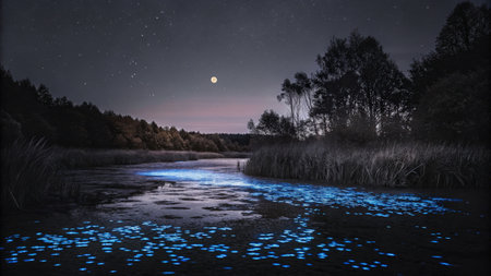 Peaceful Night Marsh Scene with Glow-in-the-Dark Plantsの素材