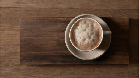 Hot Cappuccino in a Ceramic Mug on a Wooden Tableの素材