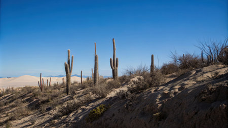 Desert Landscape with Cacti under a Clear Blue Skyの素材