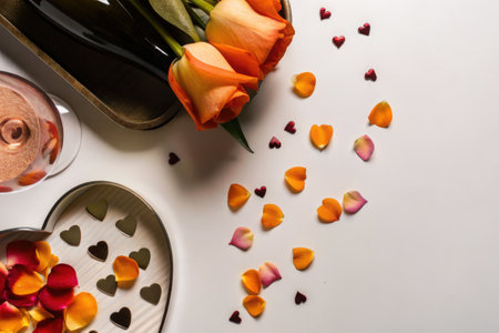 Romantic Table Setting with Orange Roses, Wine, and Scattered Petalsの素材
