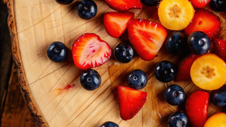 Strawberries and blueberries on a wooden board, close-upの素材