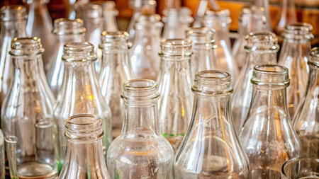 Close-up of empty glass bottles in a row in a rowの素材
