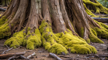 A closeup of the roots of a large tree covered with moss.の素材
