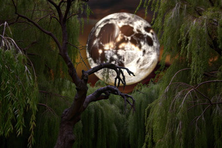 Full moon over a tree and full moon.の素材