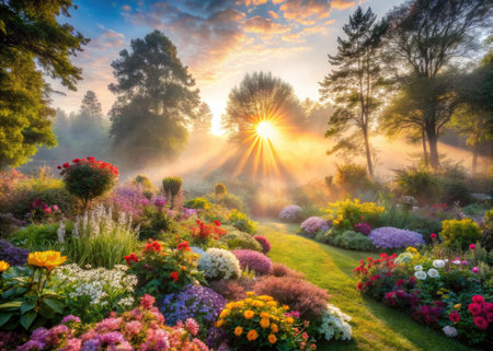 Colorful flowers in the garden at sunrise. Beautiful summer landscape.の素材