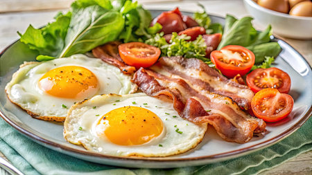 Breakfast with fried eggs, bacon, tomatoes and salad on a plateの素材