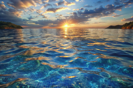 Sunset over the sea with blue water and sun in the skyの素材