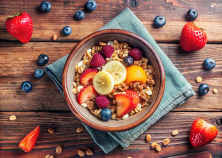 Healthy breakfast bowl with muesli, fresh berries and fruitsの素材