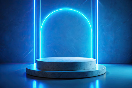 Abstract scene podium illuminated by neon lights. Mock upの素材