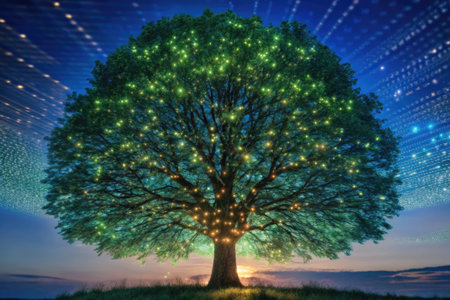 Green tree in the sky with stars and lights.の素材