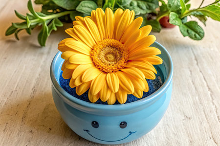 Yellow gerbera flower in a blue pot on a wooden backgroundの素材