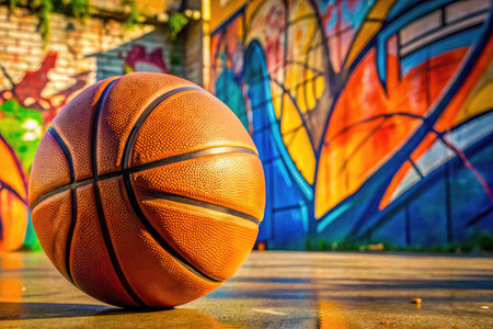 Basketball ball in front of a graffiti wall. Selective focus.の素材