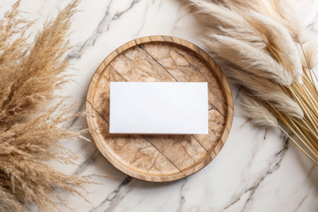 Blank white business card mockup on wood plate with dry reed.の素材