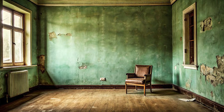 interior of an old room with green walls and a wooden chairの素材