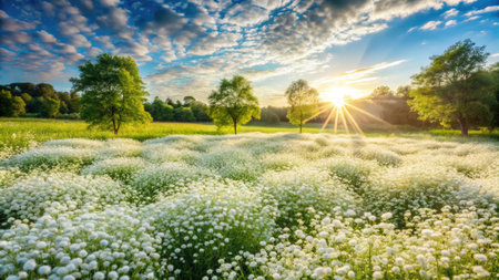Beautiful summer landscape with blooming meadow with white flowers at sunsetの素材