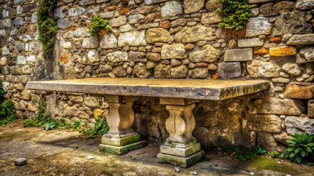 Empty wooden table in front of stone wall in the garden with copy spaceの素材