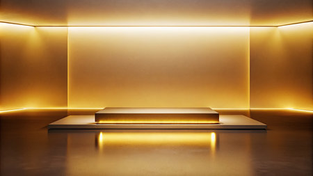 a golden podium in a dark room illuminated by a golden lightの素材