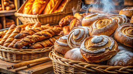 Freshly baked buns and croissants in a basket.の素材