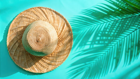 Straw hat and palm leaf on turquoise background. Summer vacation conceptの素材
