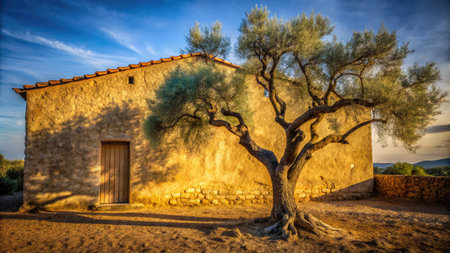 Old house with olive tree at sunset.の素材