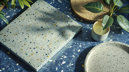 Ceramic tableware and plantle background, top viewの素材