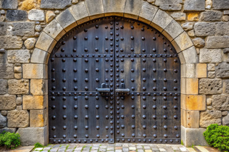 Old wooden door with metal handle and stone wall in a stone wallの素材