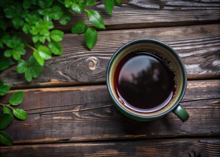 Cup of coffee on a wooden table. Top view with copy space.の素材