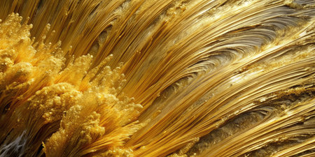 Radiant golden fibrous strands close up showing flowing filaments texture and shimmering metallic sheenの素材