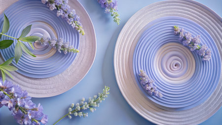Spring table setting with lavender flowers on blue background. Flat lay, top view.の素材