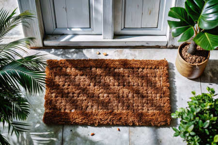 Carpet on the floor near the window with palm trees.の素材