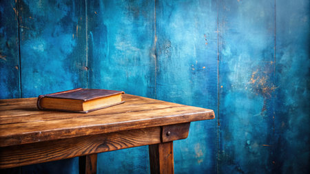 Old book on wooden table in front of blue wooden wall background.の素材