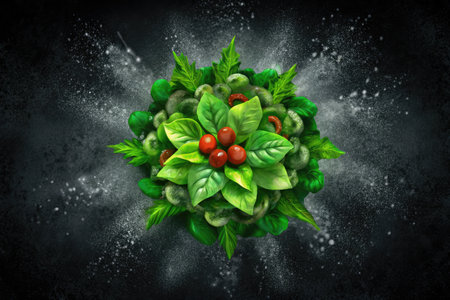 Green salad with cherry tomatoes and basil leaves on dark background.の素材