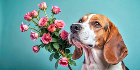 Beautiful beagle dog with a bouquet of pink roses.の素材