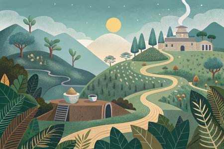 Vector illustration of a beautiful landscape in the style of a flat designの素材